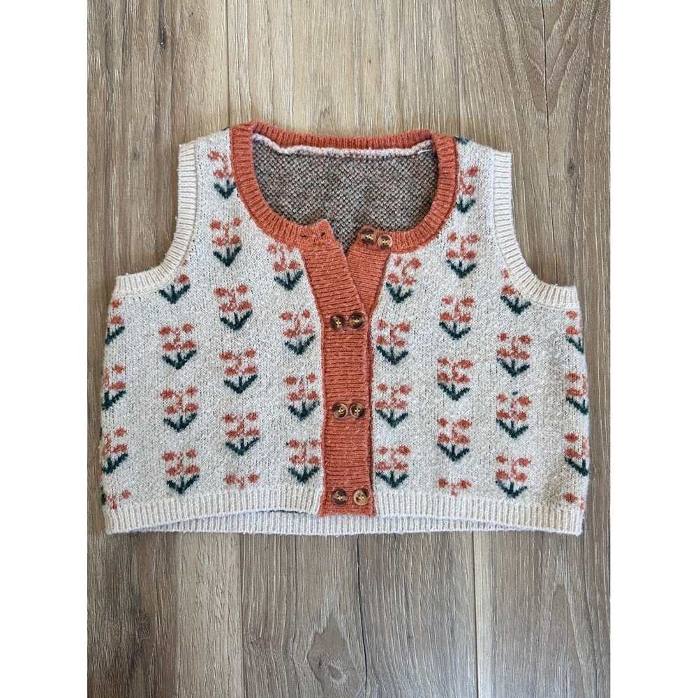Girls Floral Knit Button Sweater Vest Cotton Terracotta Cream Grannycore Retro